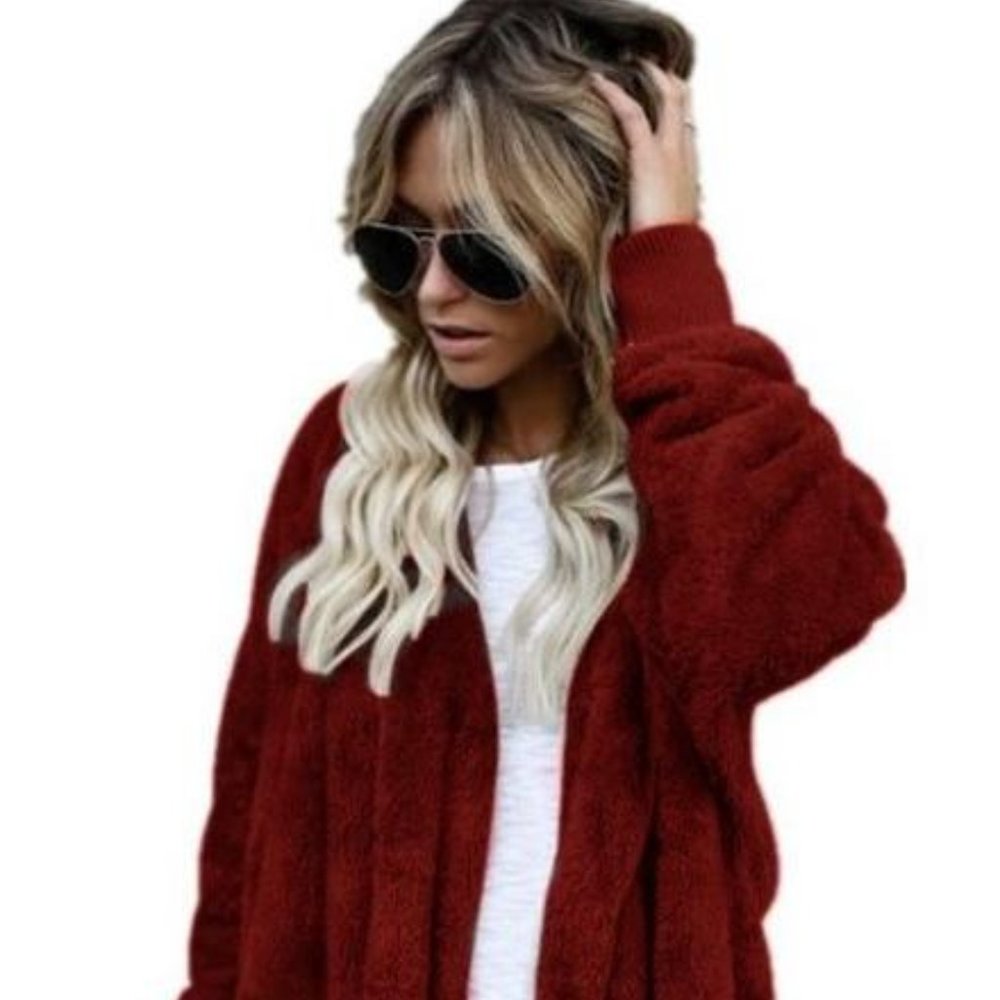 NEW & SUPER SOFT! Dark Red Cardigan Sweater Coat, Hooded with Pockets size M/L